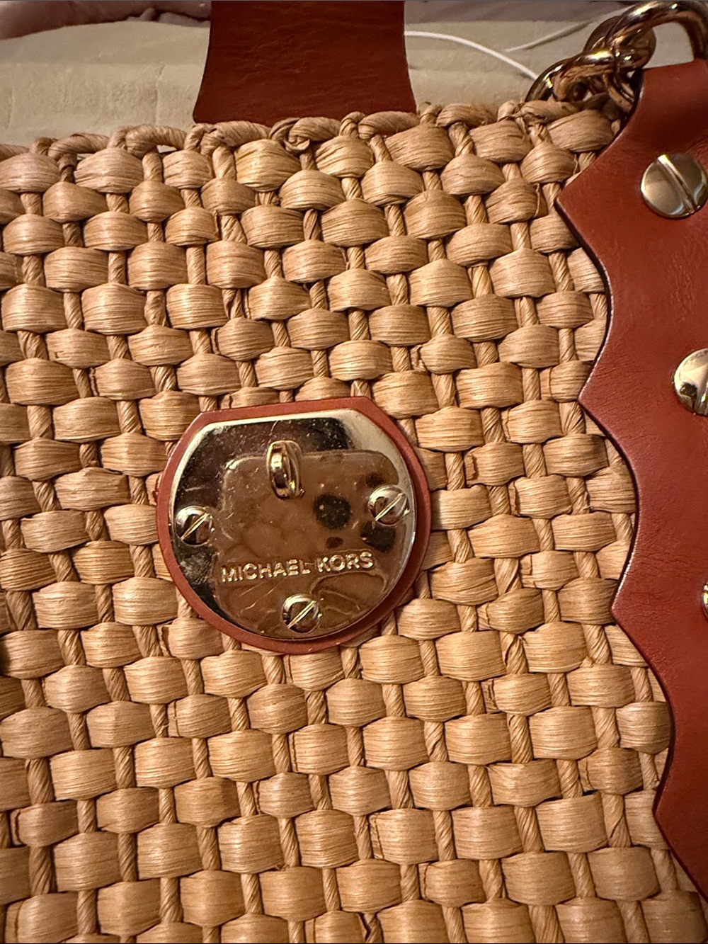 Michael Kors Tan Straw Tote with Brown Leather Accents and Gold Hardware - Picture 2 of 5